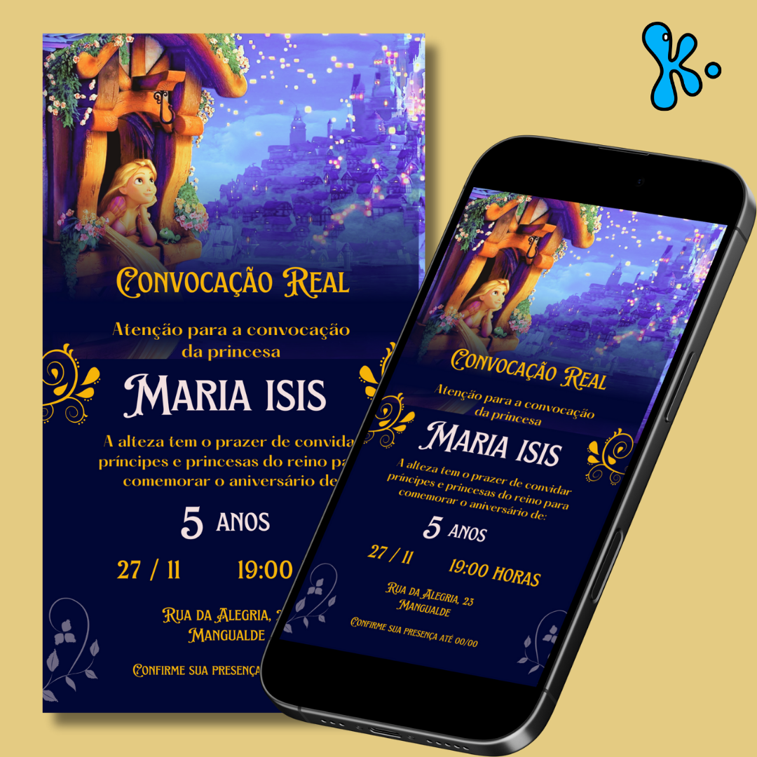 Convite Digital Rapunzel Personalizado – Convocação Real para Aniversário