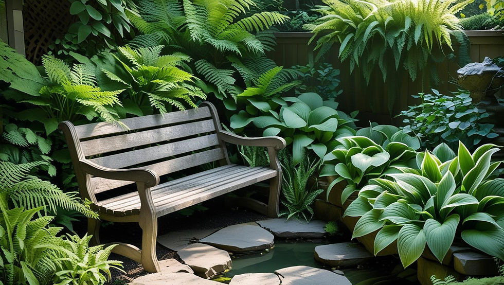 Um tranquilo retiro de jardim com um banco de madeira envelhecida, cercado por plantas que gostam de sombra, como samambaias e hostas
