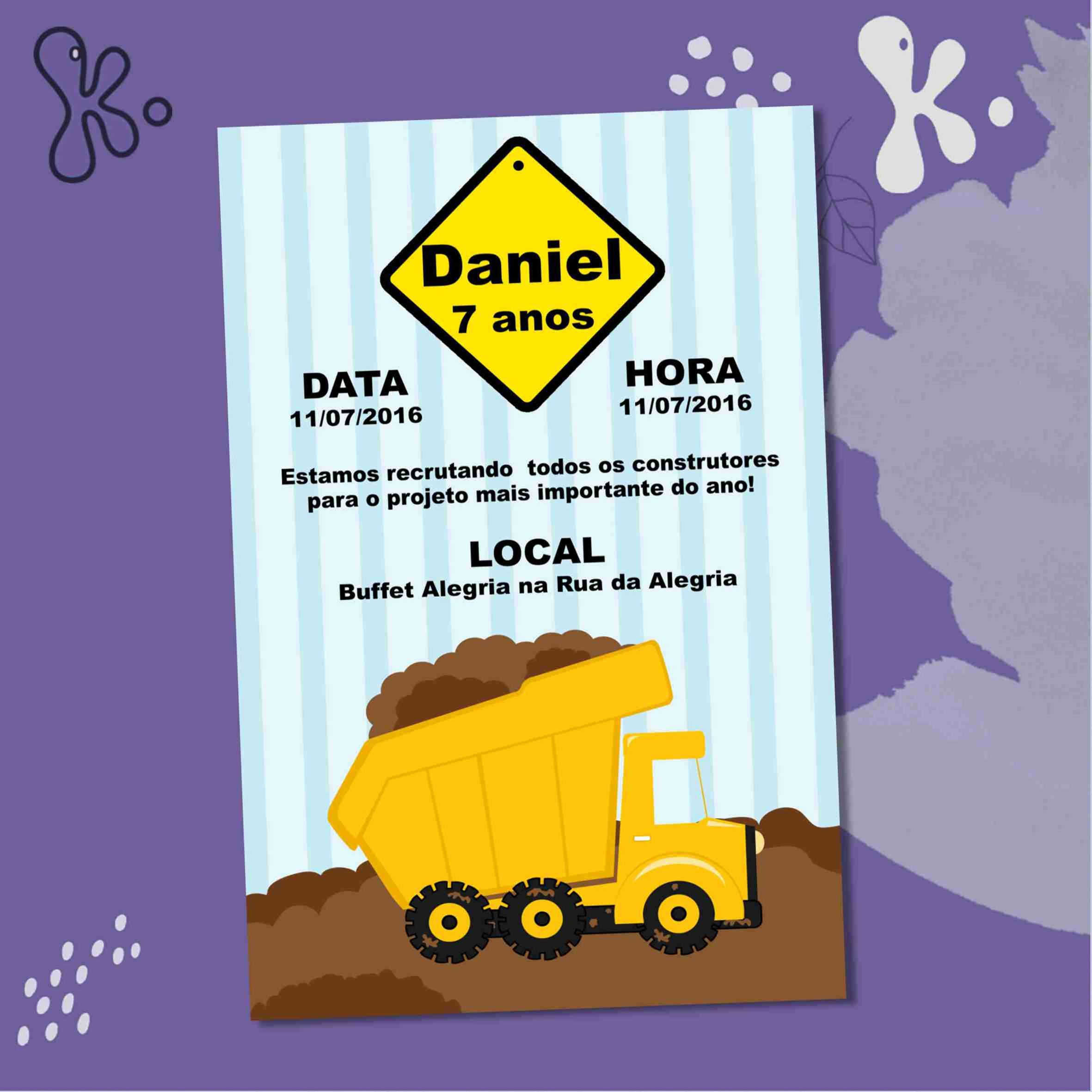Convite Digital Construção com Camião Basculante – Personalizável e Pronto a Enviar