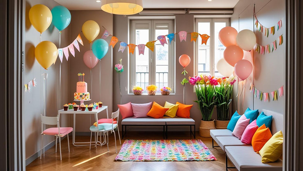 Sala pequena decorada para festa infantil com balões coloridos no teto, duas mesas encostadas à parede com bolos e cupcakes, fundo de parede às riscas pastel, e almofadas coloridas sobre sofás simples.