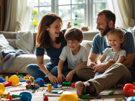 Família com crianças a brincar na sala desarrumada, felizes e unidos