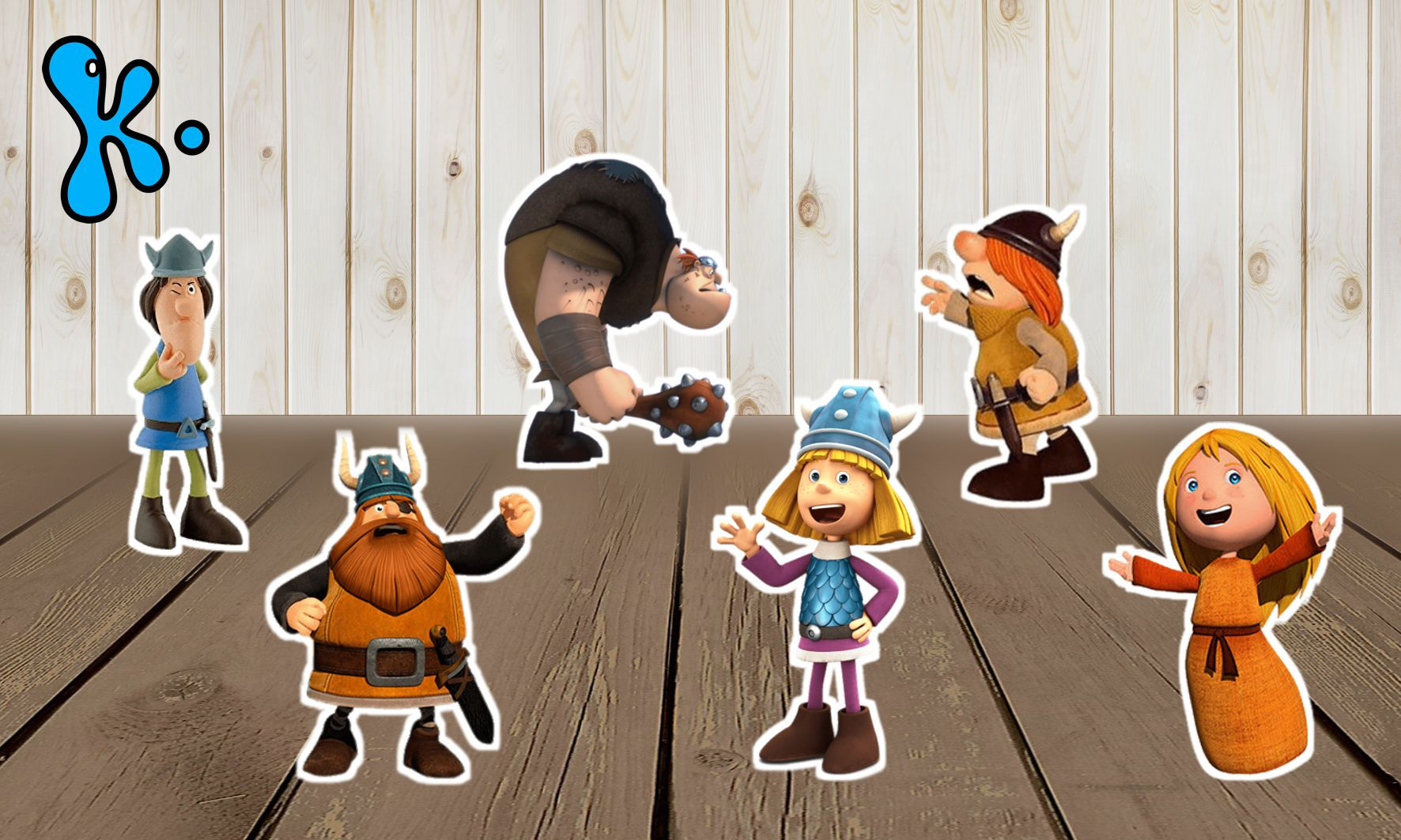 Figuras de mesa com personagens do Vicky o Viking em fundo de madeira