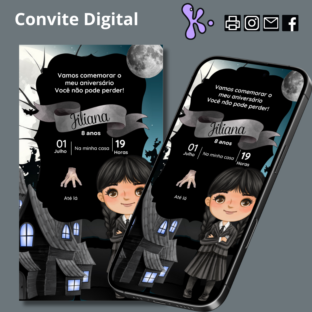 Convite Digital Wednesday Addams ilustrado com personagem cartoon, casas assombradas e detalhes do aniversário
