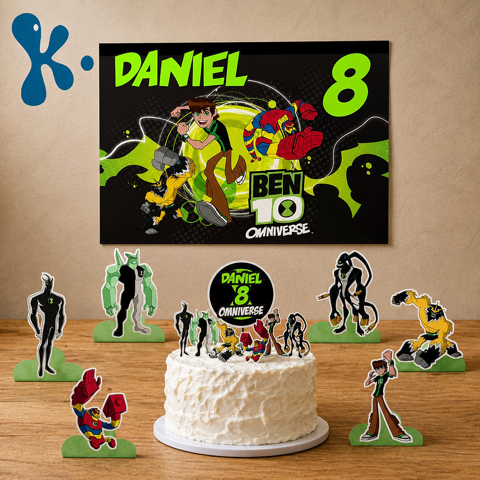 Kit de festa Ben 10 Omniverse com personagens, alienígenas e decoração personalizada para aniversário.