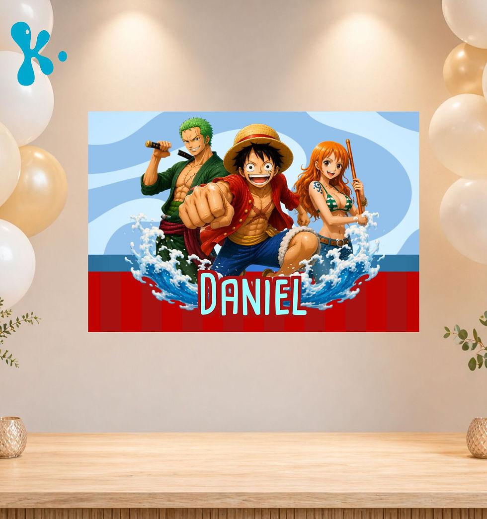 Cartaz Personalizado One Piece com Luffy, Zoro e Nami para festa infantil