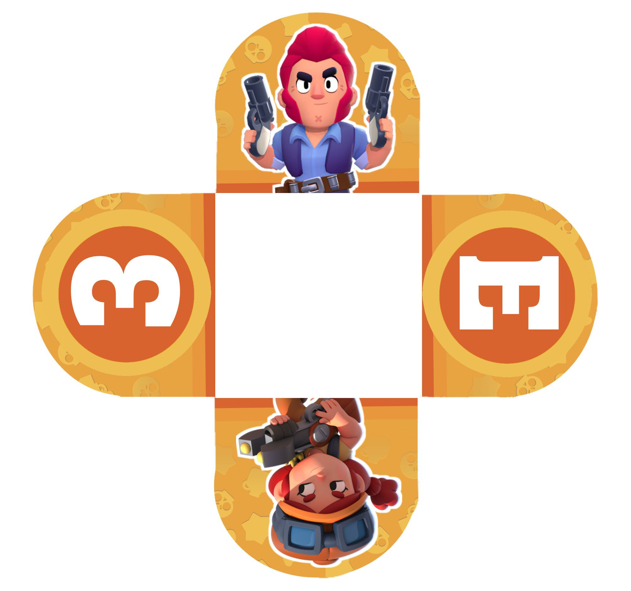 Caixetas personalizadas Brawl Stars laranja com personagens do jogo e iniciais brancas