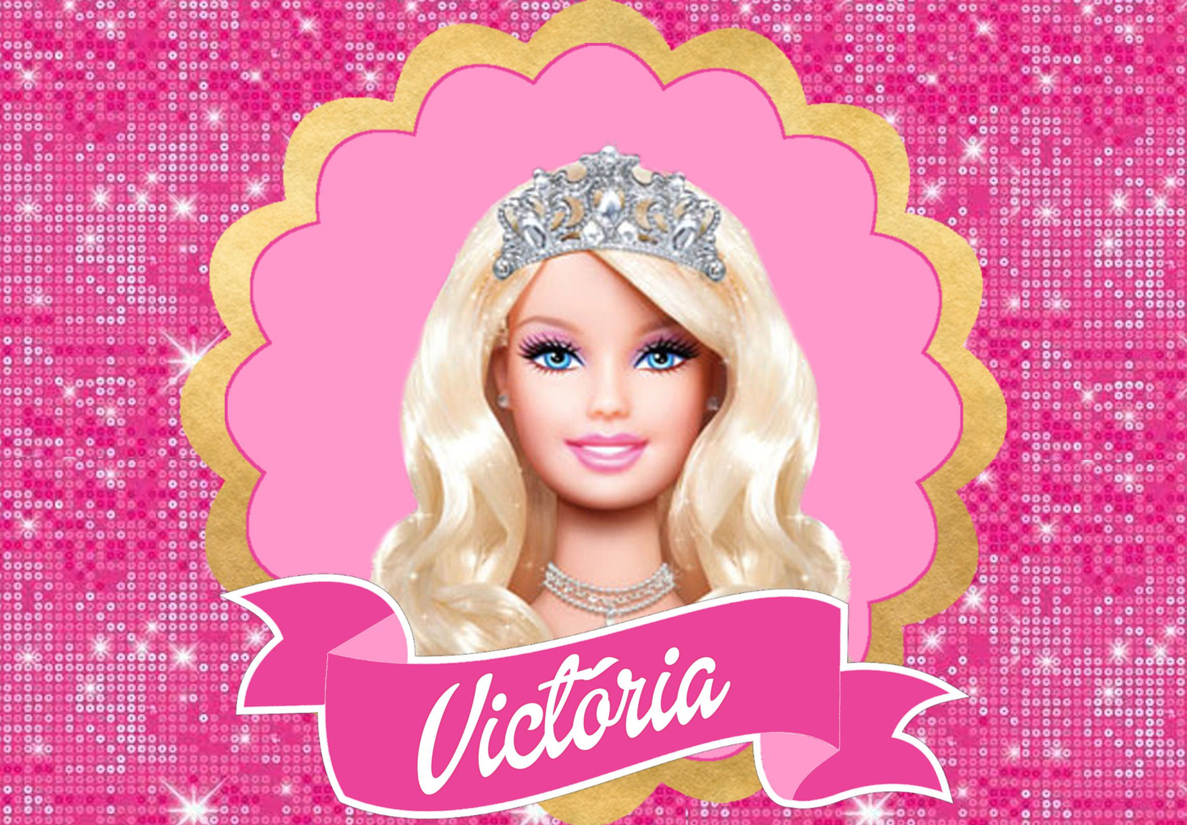 Cartaz infantil Barbie Princesa personalizado com nome, coroa e fundo rosa cintilante