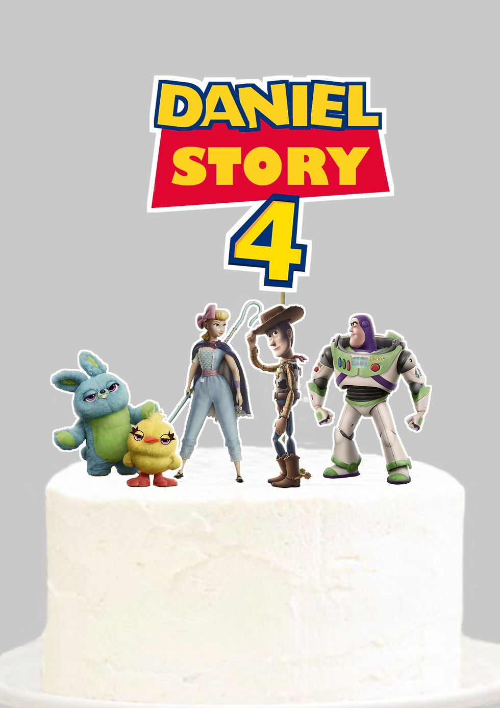 Topo de bolo Toy Story 4 com personagens recortadas e nome Daniel