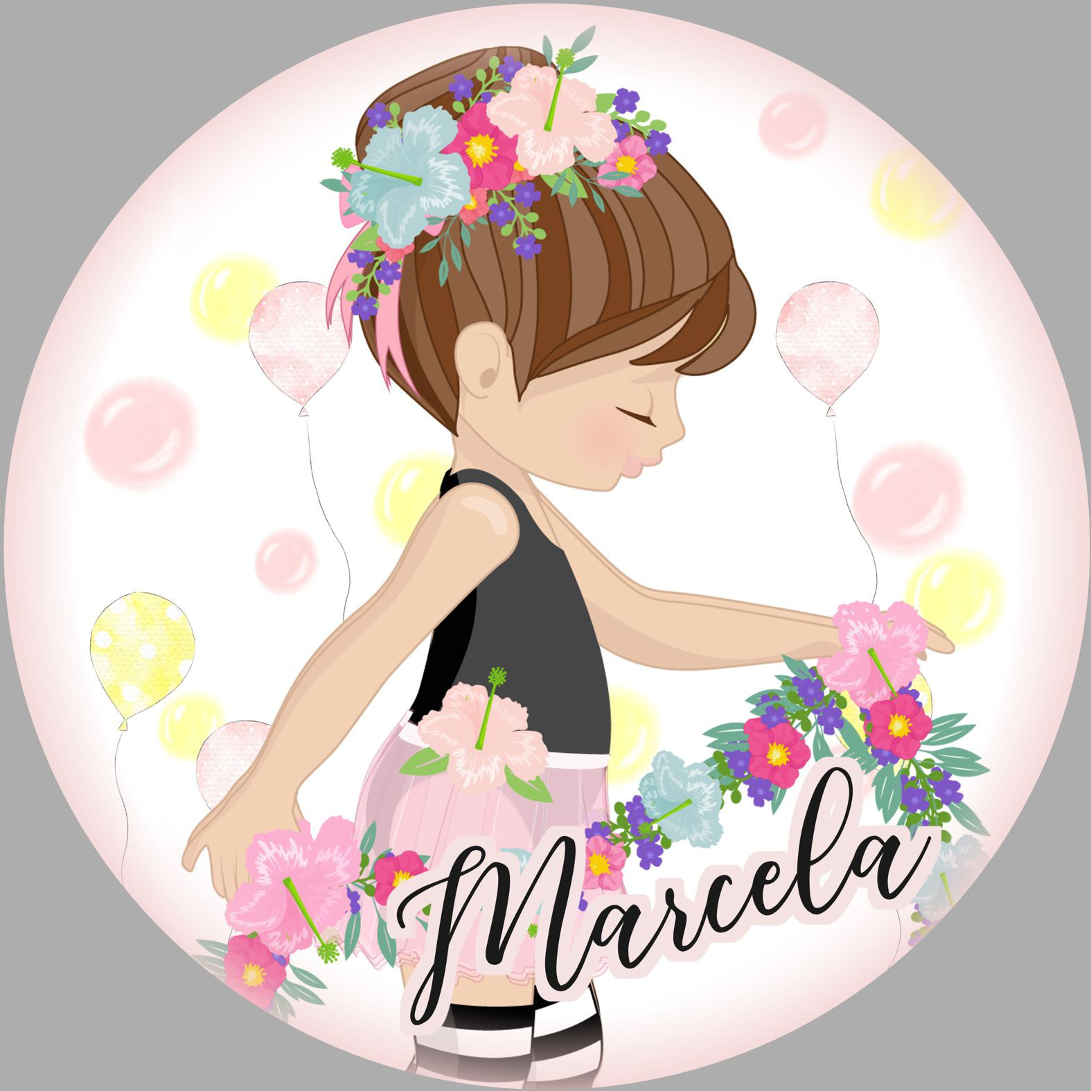 Painel redondo infantil com bailarina floral em perfil, balões suaves e nome Marcela em destaque