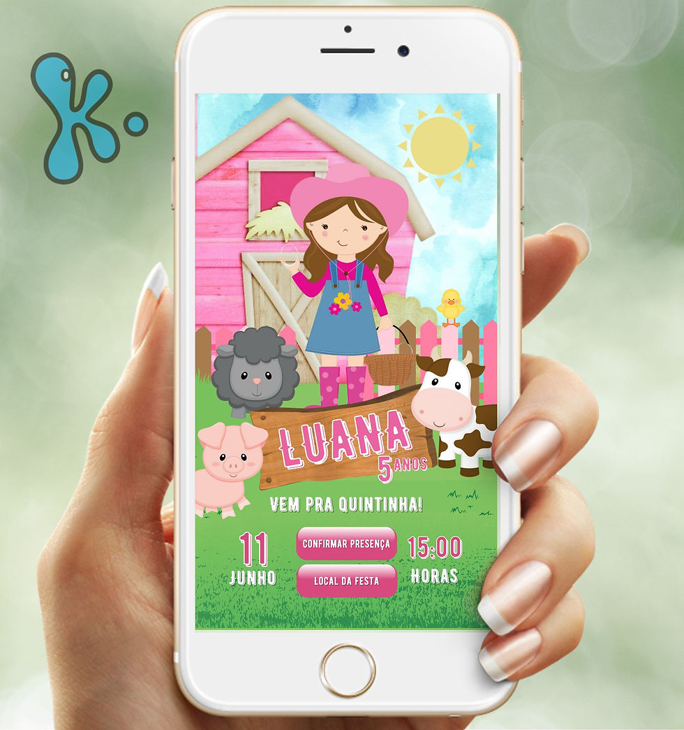 Convite digital tema Quintinha com menina, animais e celeiro rosa em PDF interativo