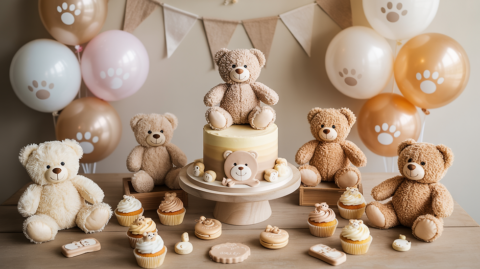 Mesa de festa de 1.º aniversário decorada com tema ursinhos e balões pastel.