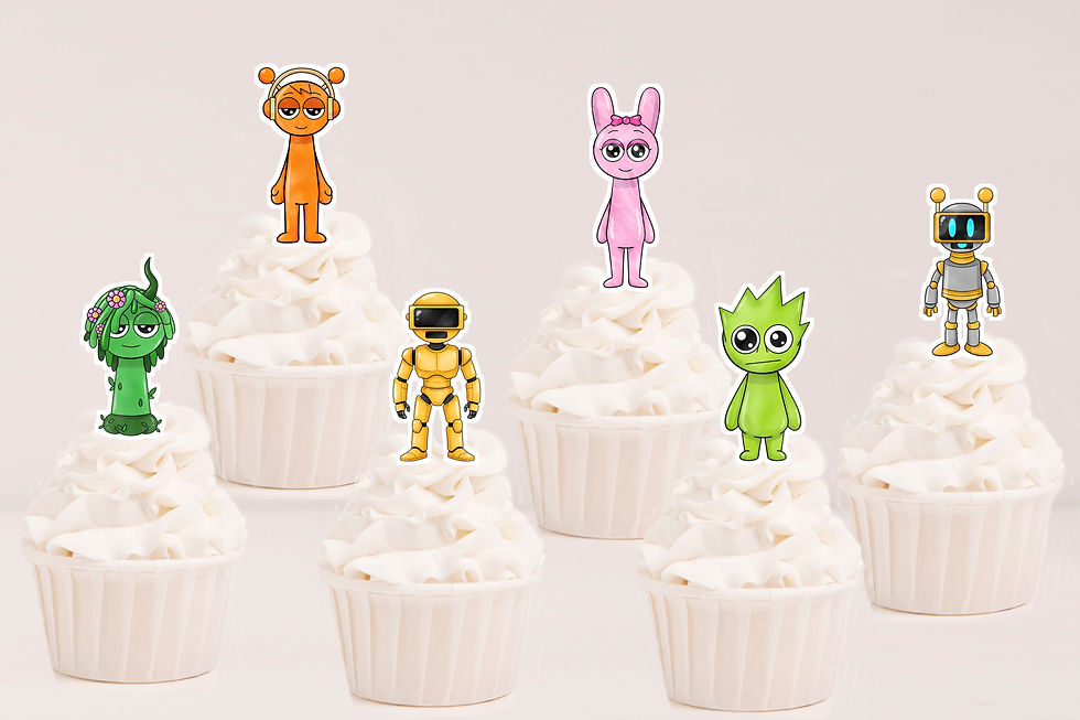 Toppers recortados Sprunki com personagens coloridas sobre cupcakes para decoração de festa infantil.