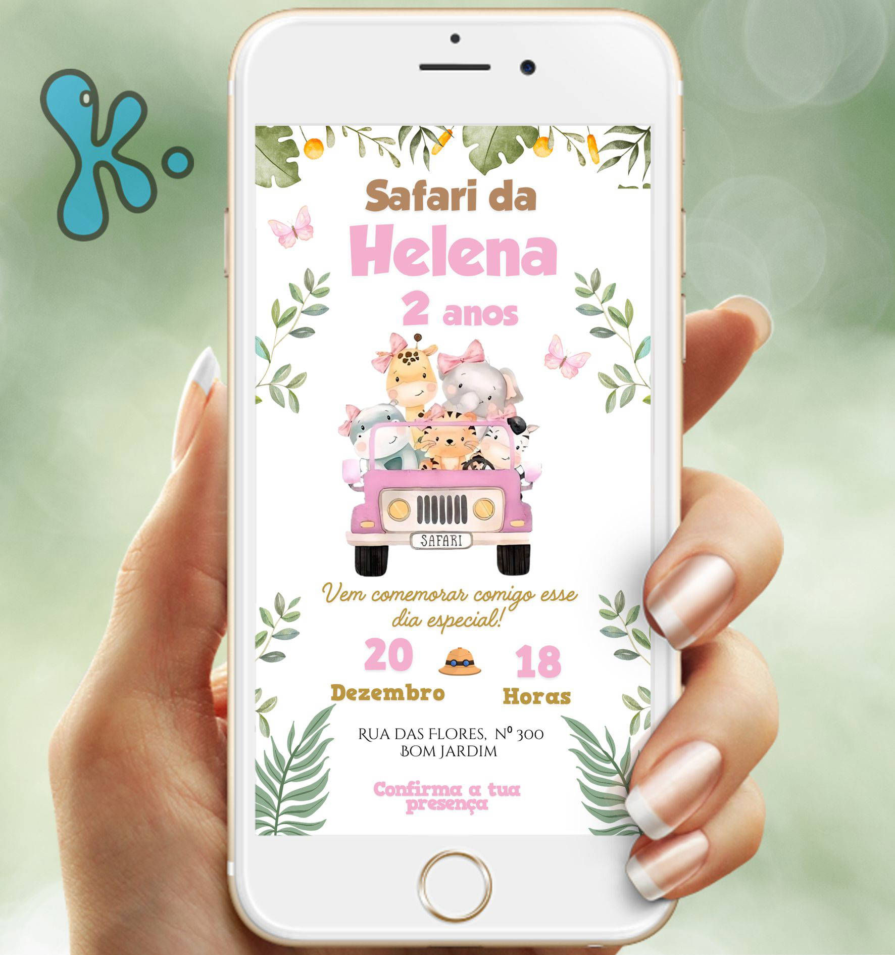 Convite Digital Safari Menina – Personalizado com Animais Fofos