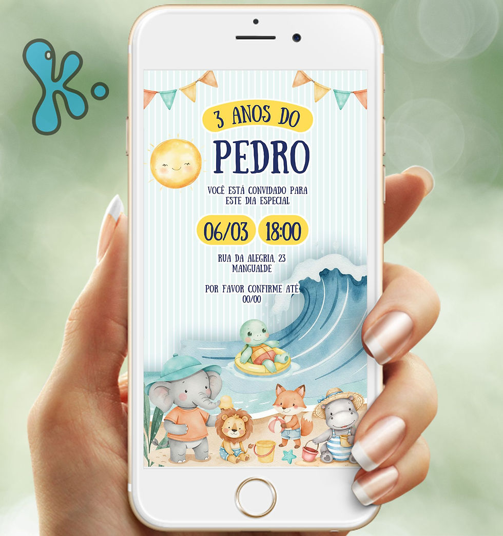 Convite digital infantil tema Praia dos Animais, personalizável com nome e dados da festa.