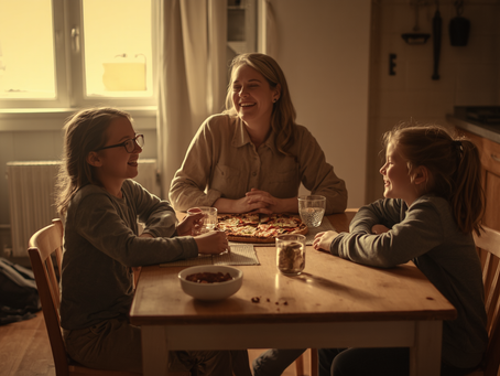 Mãe e filhos partilham pizza numa cozinha familiar, num momento simples, descontraído e sem culpa.