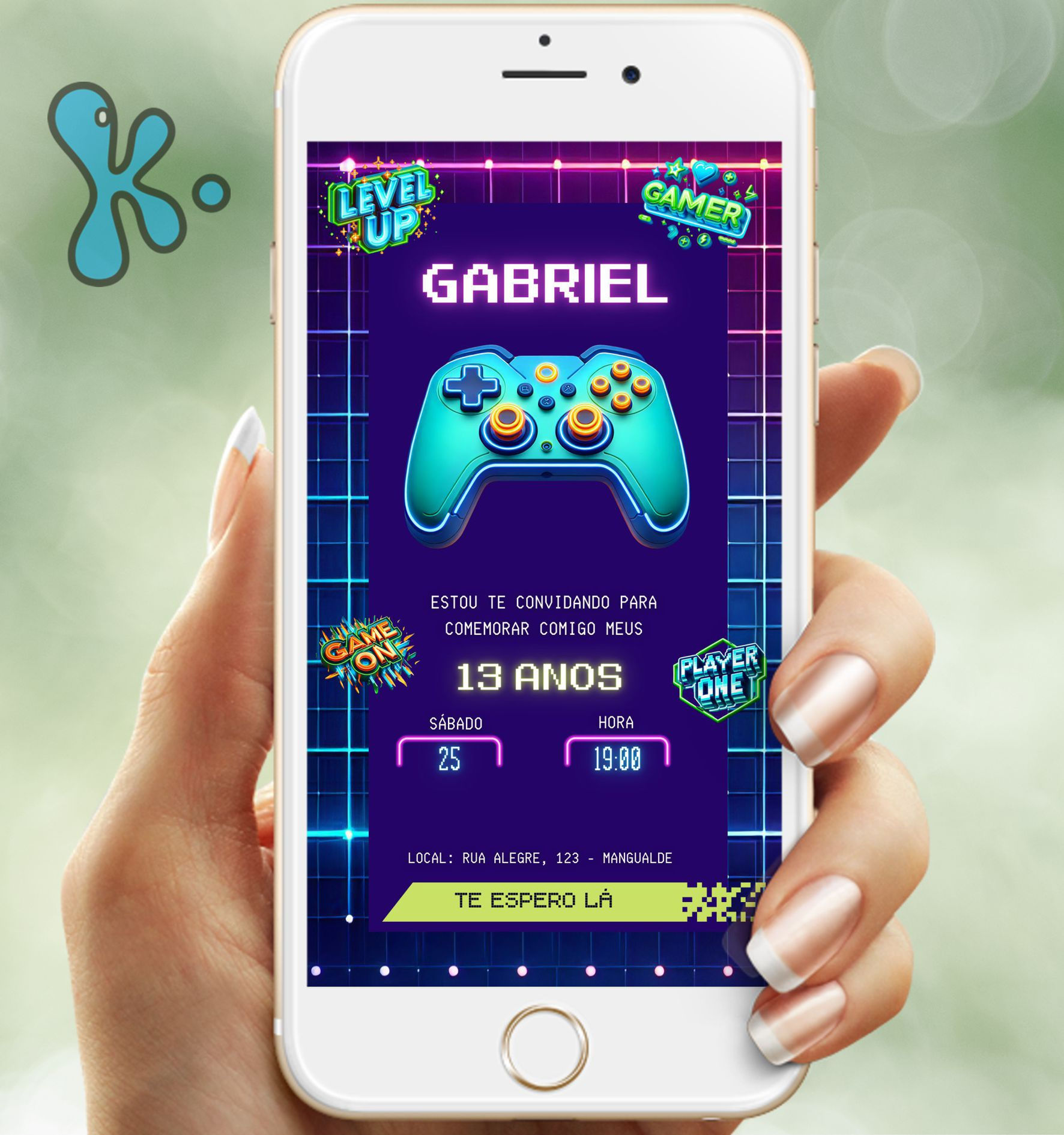 Convite digital gamer com comando de videojogo em estilo neon para festa de aniversário infantil personalizado.