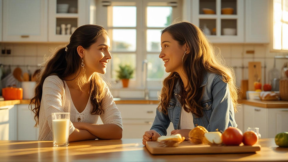 mother and teenage daughter having an intimate conversation in a bright kitchen
