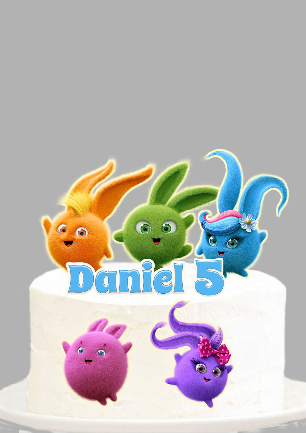 Topo de bolo Sunny Bunnies com nome Daniel e personagens coloridos fofinhos