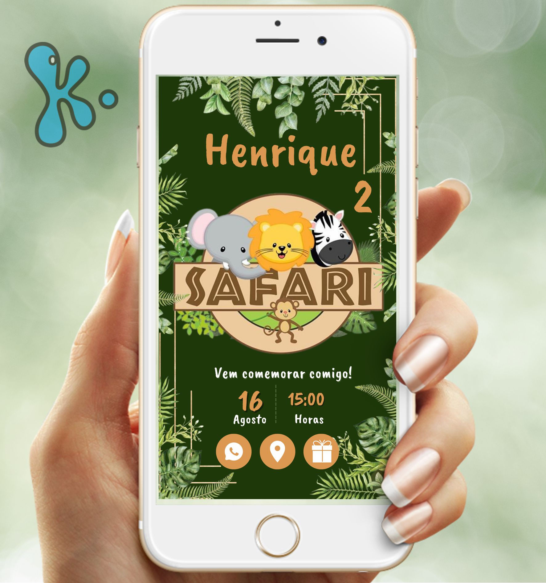 Convite Interativo Safari com elefante, leão e zebra em fundo verde e folhas tropicais