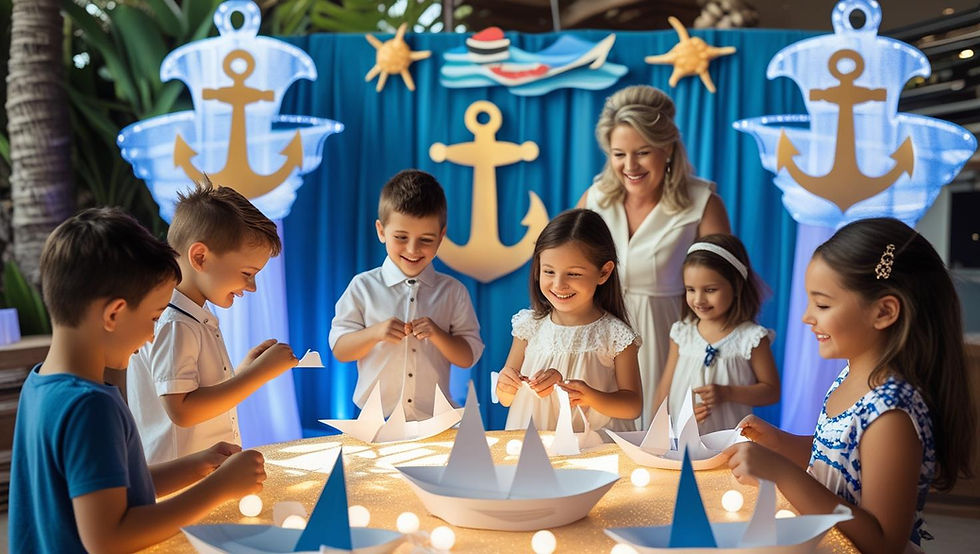 Cena de atividades de festa de batismo náutica para toda a família, com crianças fazendo barquinhos de papel, adultos conversando, adereços de cabine fotográfica com tema marítimo, atmosfera de festa elegante, celebração multigeracional, cenário de entretenimento inspirado no litoral