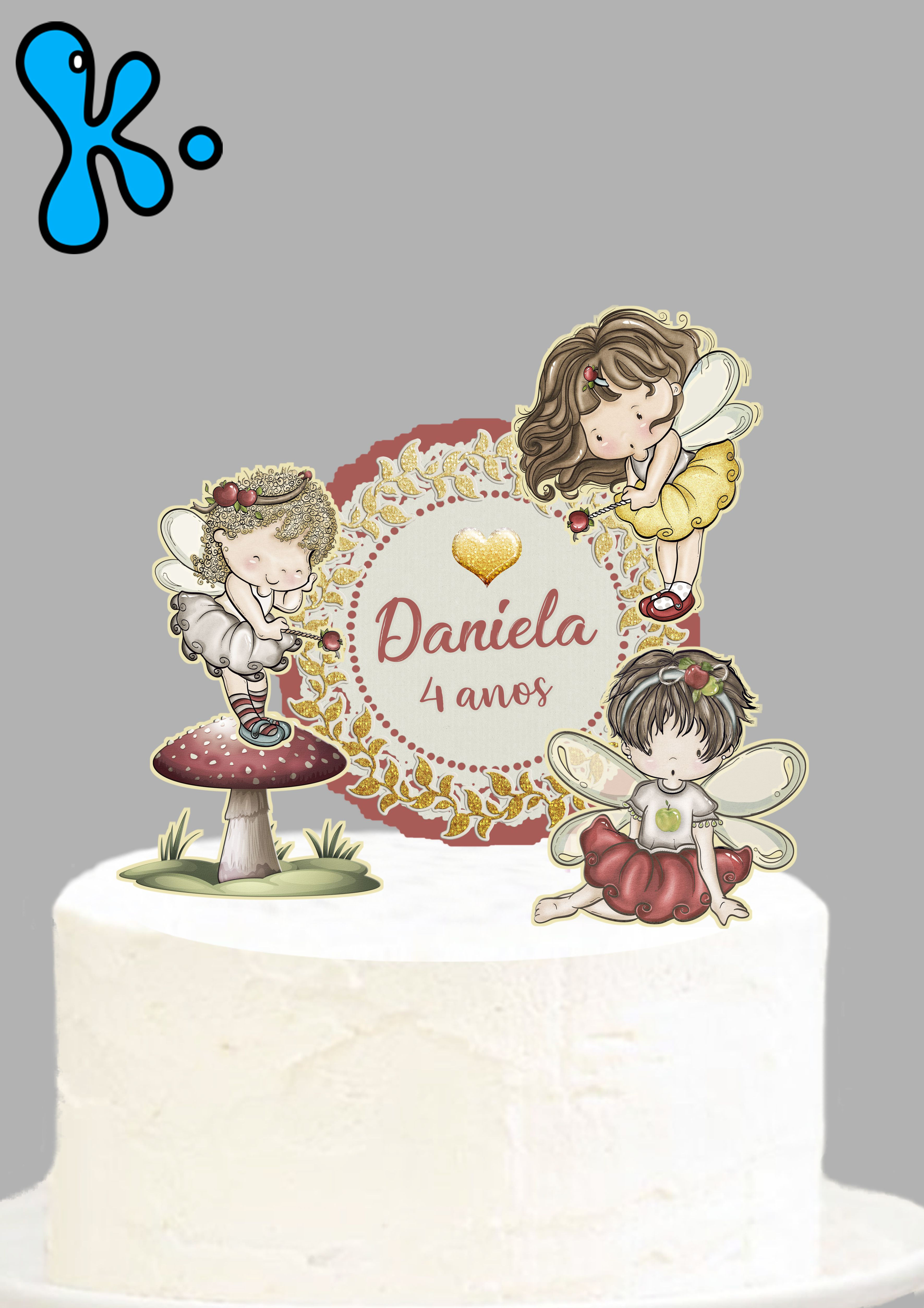 Topo de bolo com fadas vintage, nome e idade em moldura floral dourada