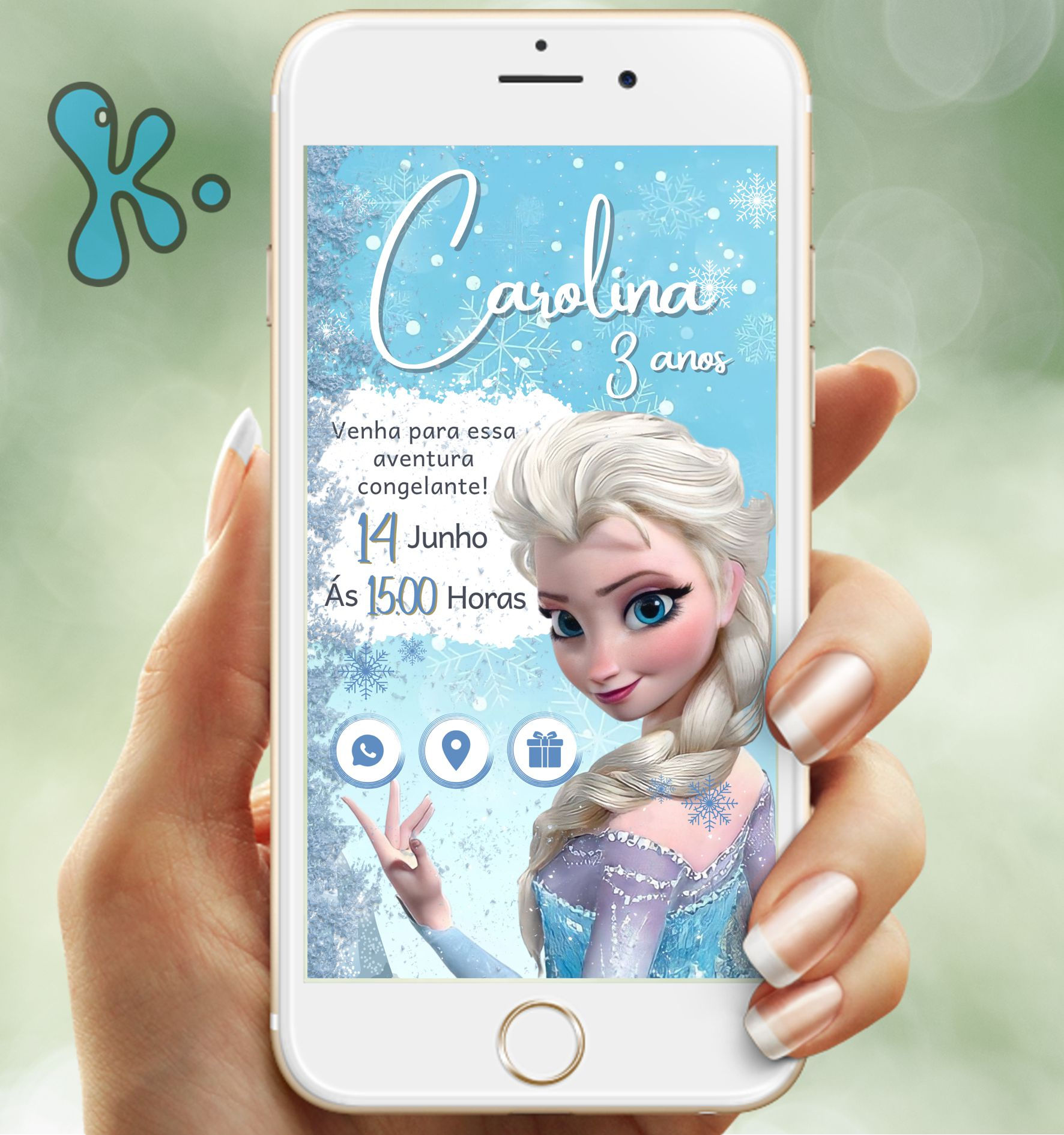 Convite Frozen personalizado com Elsa em fundo azul e neve para festa de aniversário