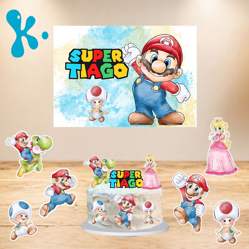 Kit de festa Super Mario em aguarela com Mario, Yoshi, Toad e Princesa Peach personalizado para aniversário.