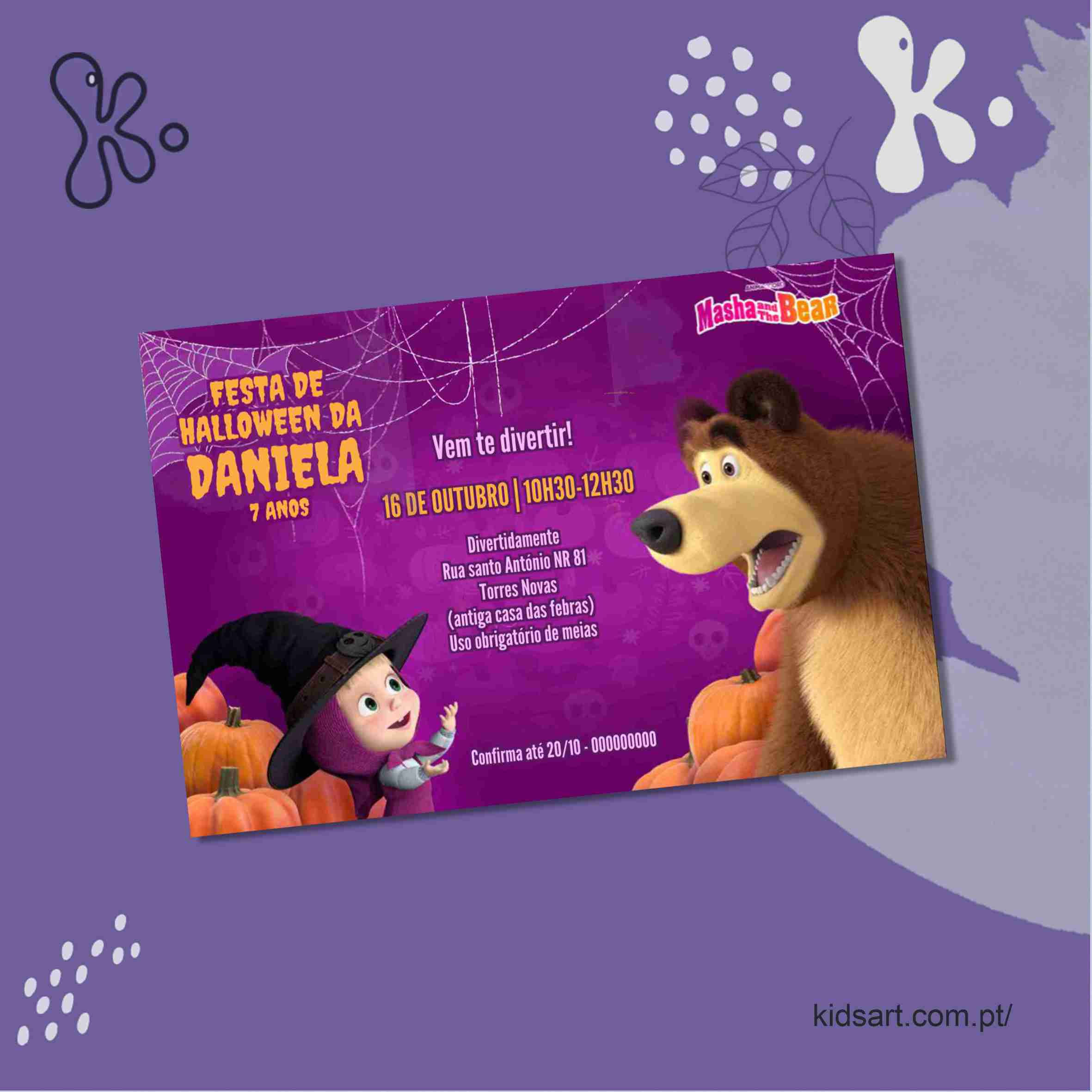 Convite Digital Masha e o Urso Personalizado – Modelo Halloween Bruxinha
