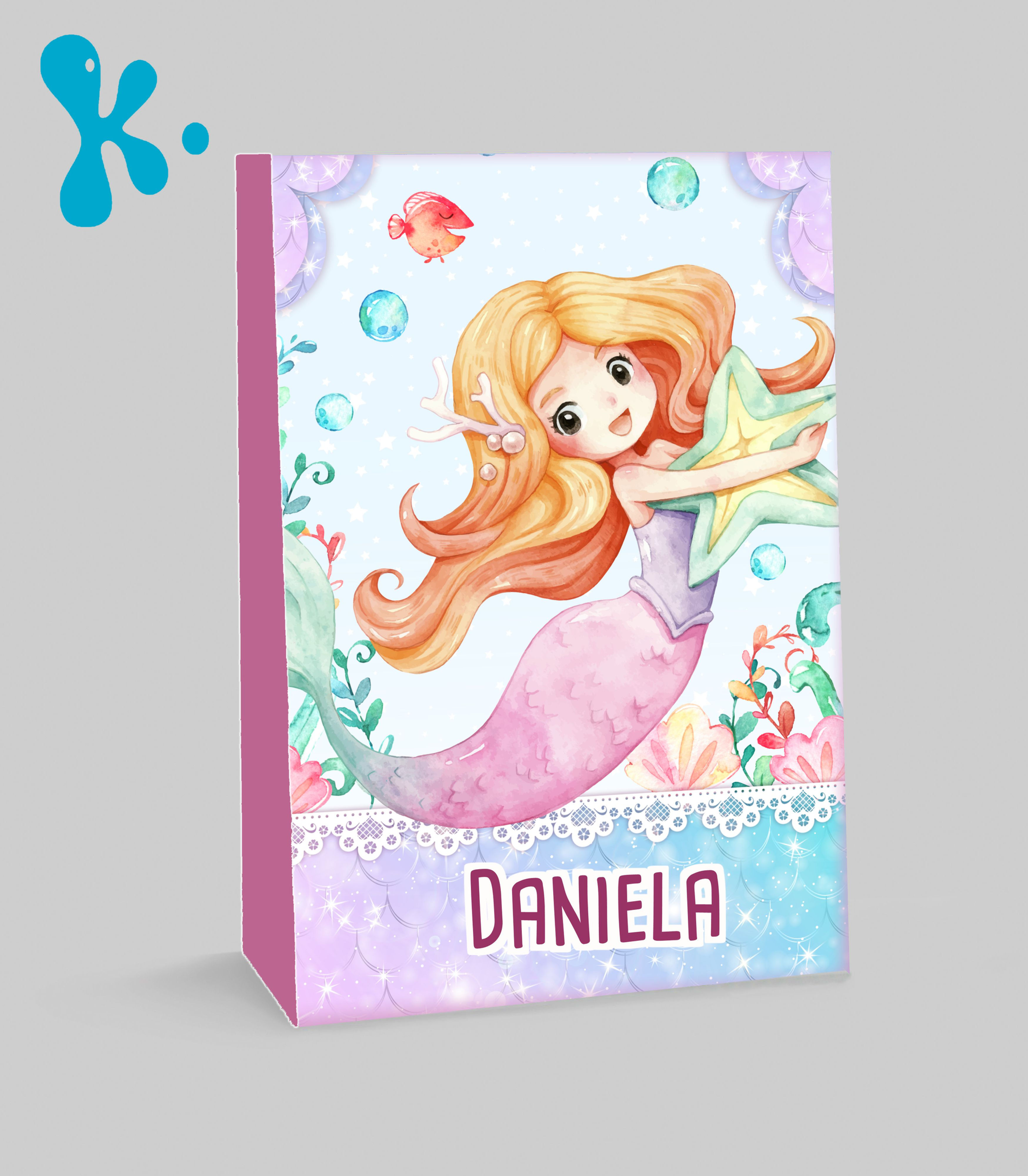 Saco lembrança sereia personalizado com ilustração delicada e nome da criança