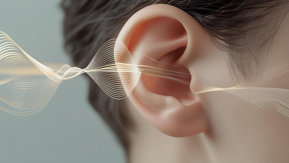 Close extremo de uma orelha com ondas sonoras visualizadas como padrões suaves e coloridos fluindo em sua direção