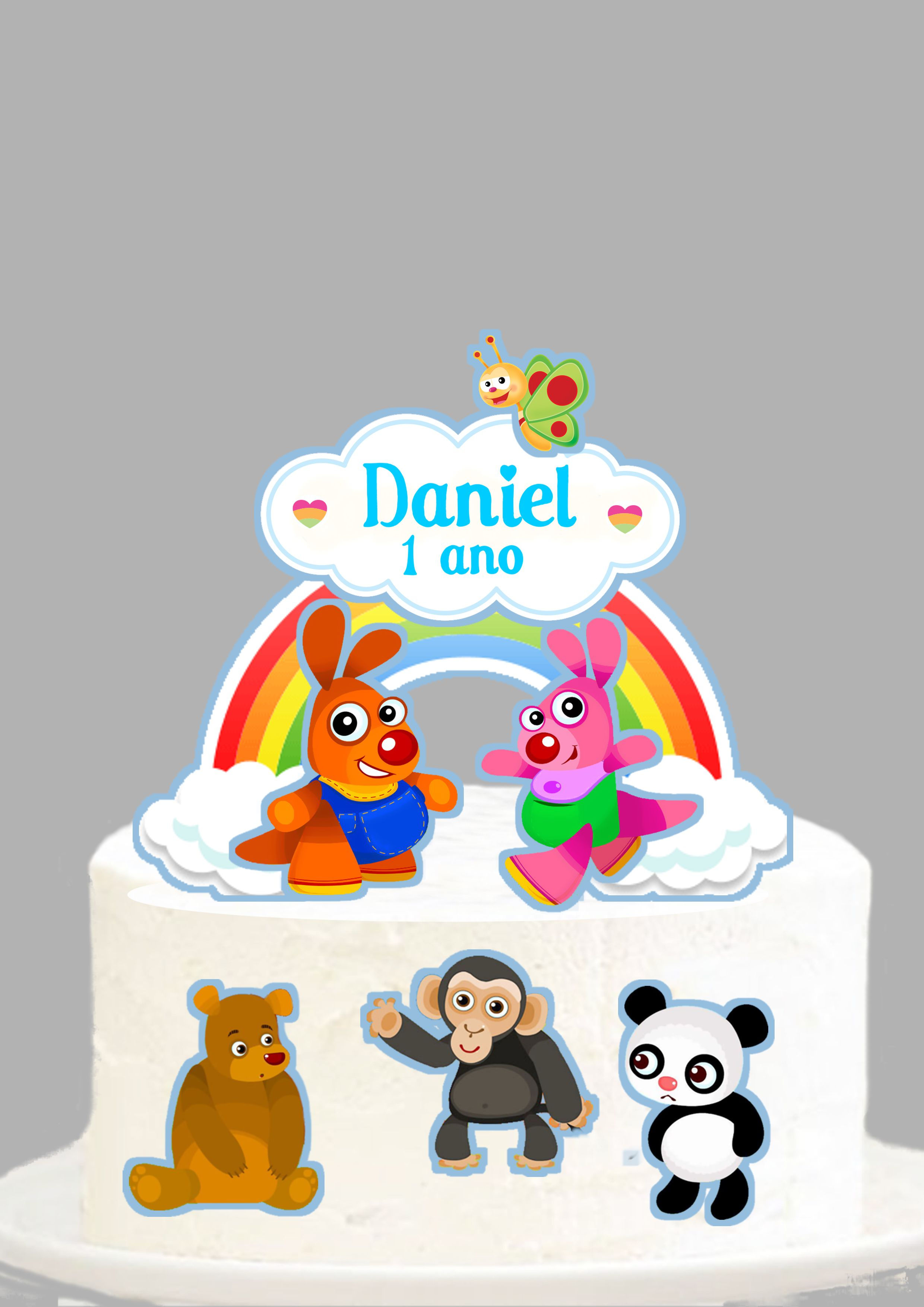 Topo de bolo Kenny e Goorie com nome Daniel e personagens BabyTV menino