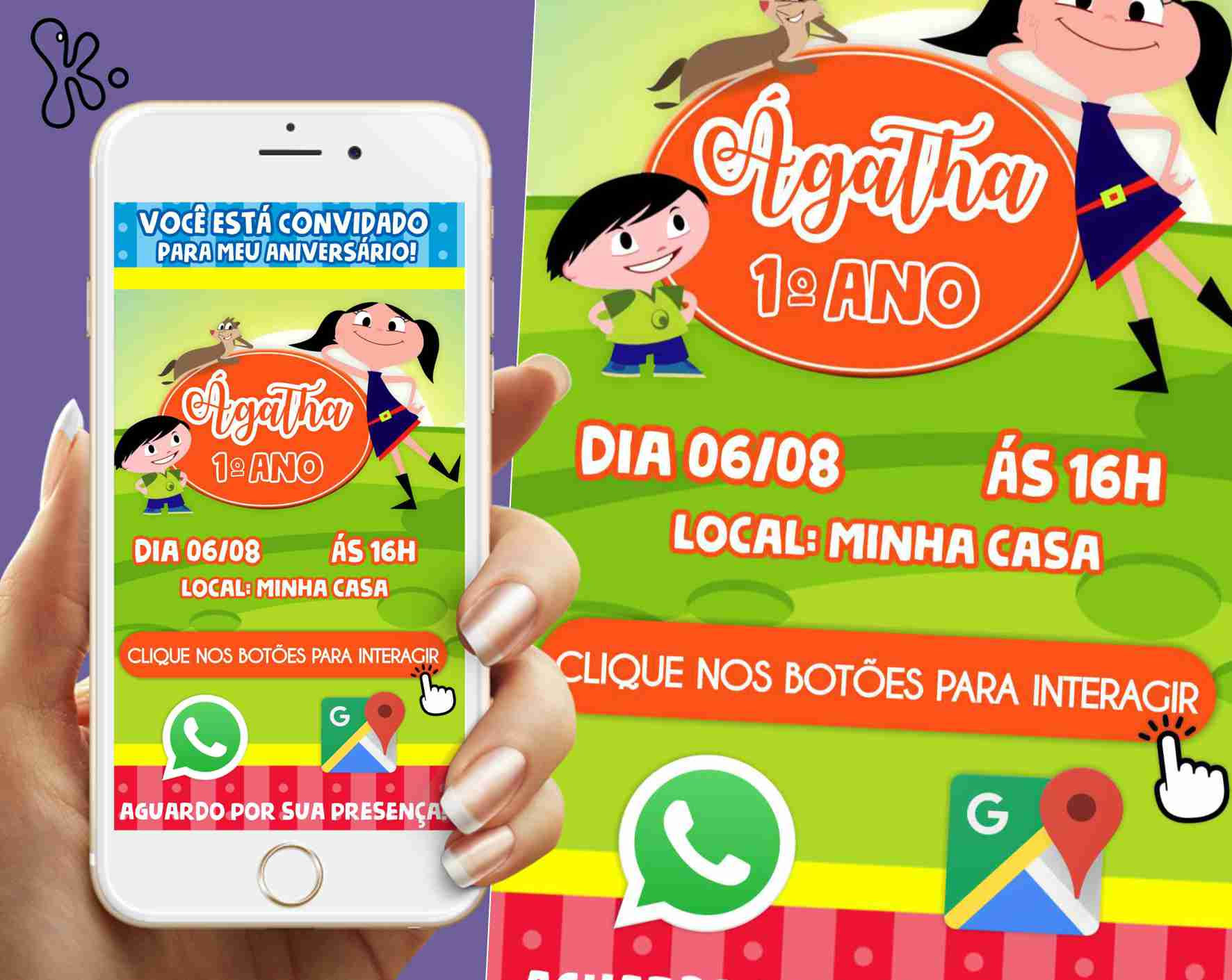 Convite digital Mundo de Luna colorido com texto editável, ícones interativos e informações da festa