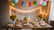 Decoração de festa em casa com mesa simples, balões coloridos, guirlandas de papel e flores em frascos, criando um ambiente alegre e económico.