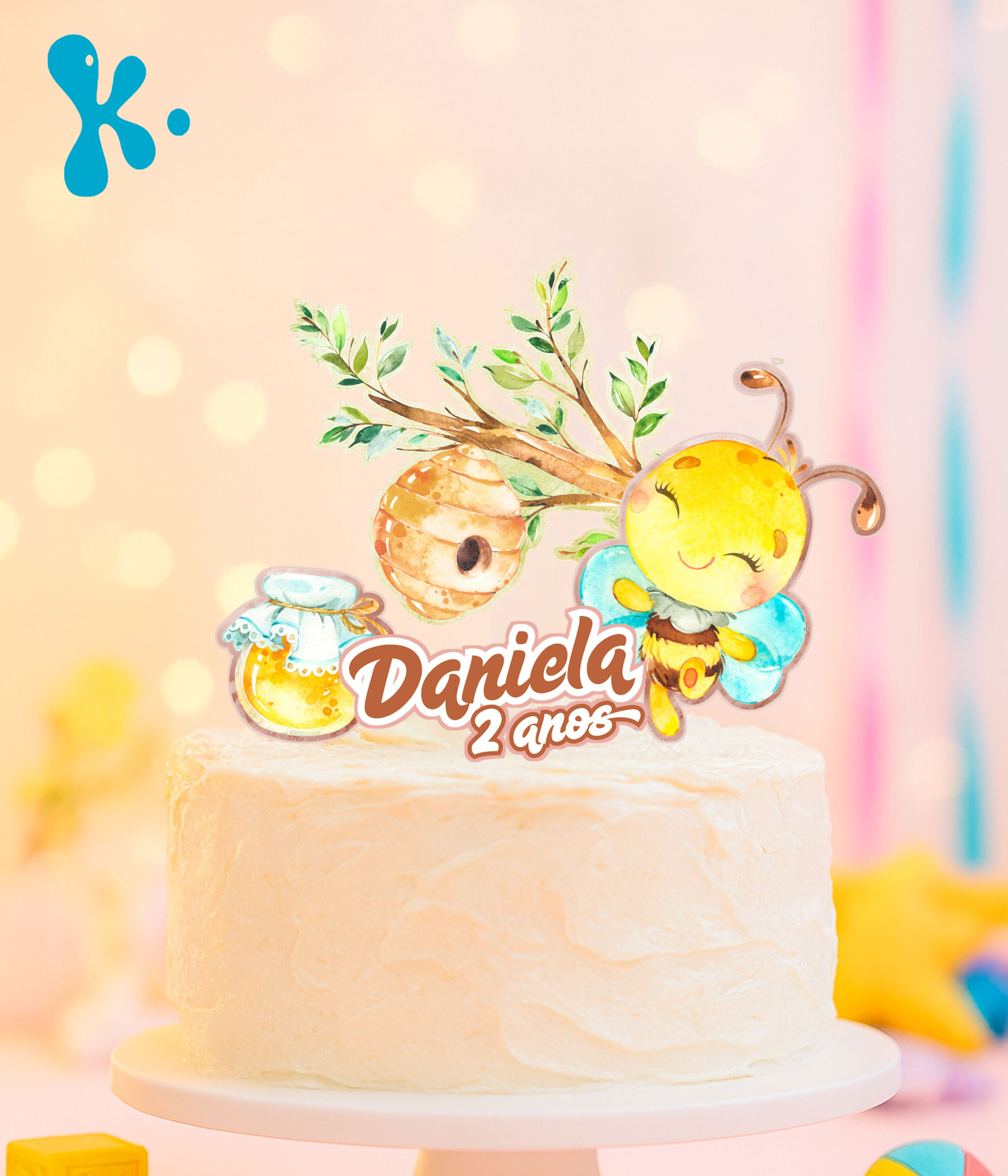 Topo de bolo Abelhinhas personalizado em aquarela com pote de mel e colmeia