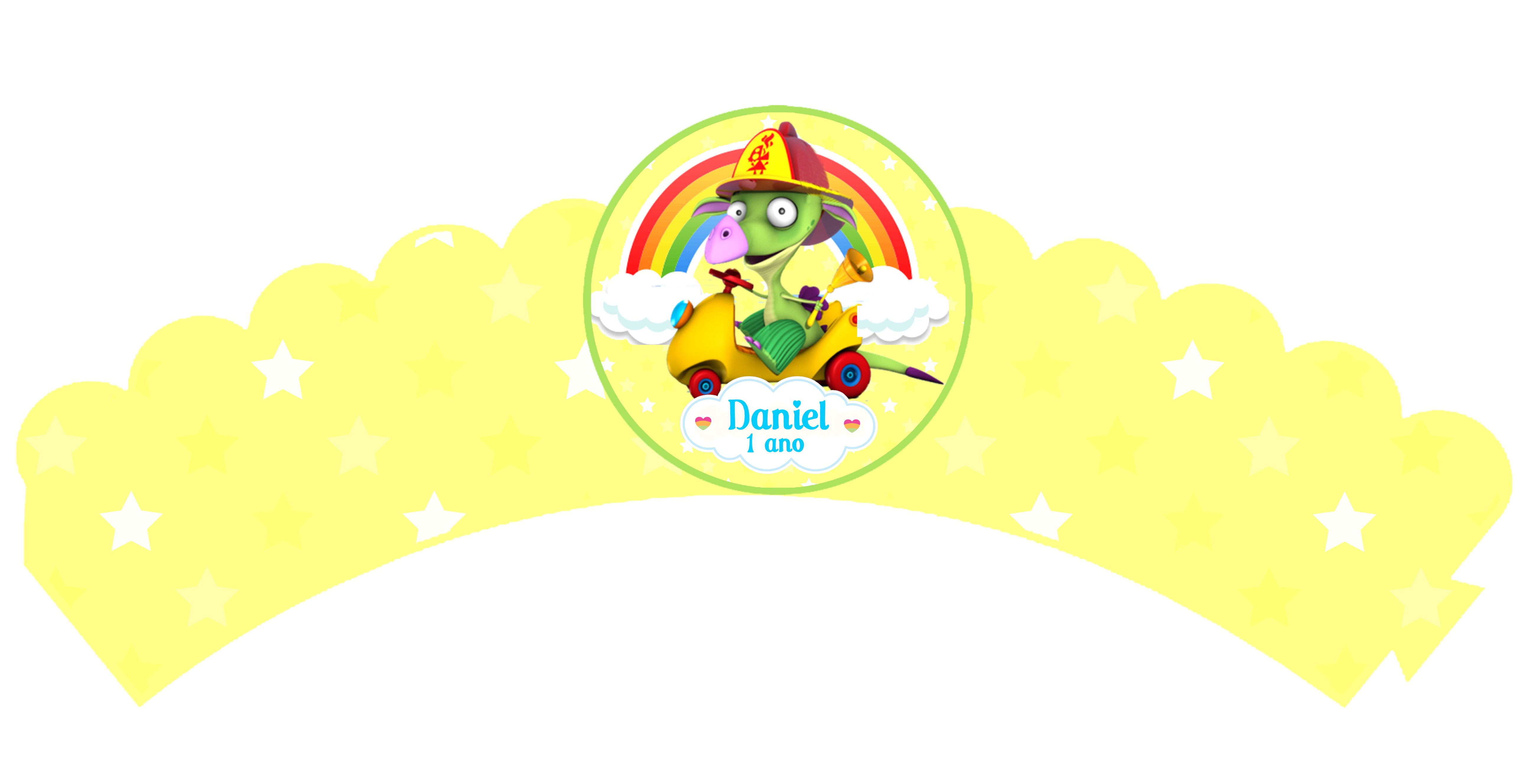 Wrappers personalizados Draco BabyTV amarelos com dragão e arco-íris para cupcakes infantis.