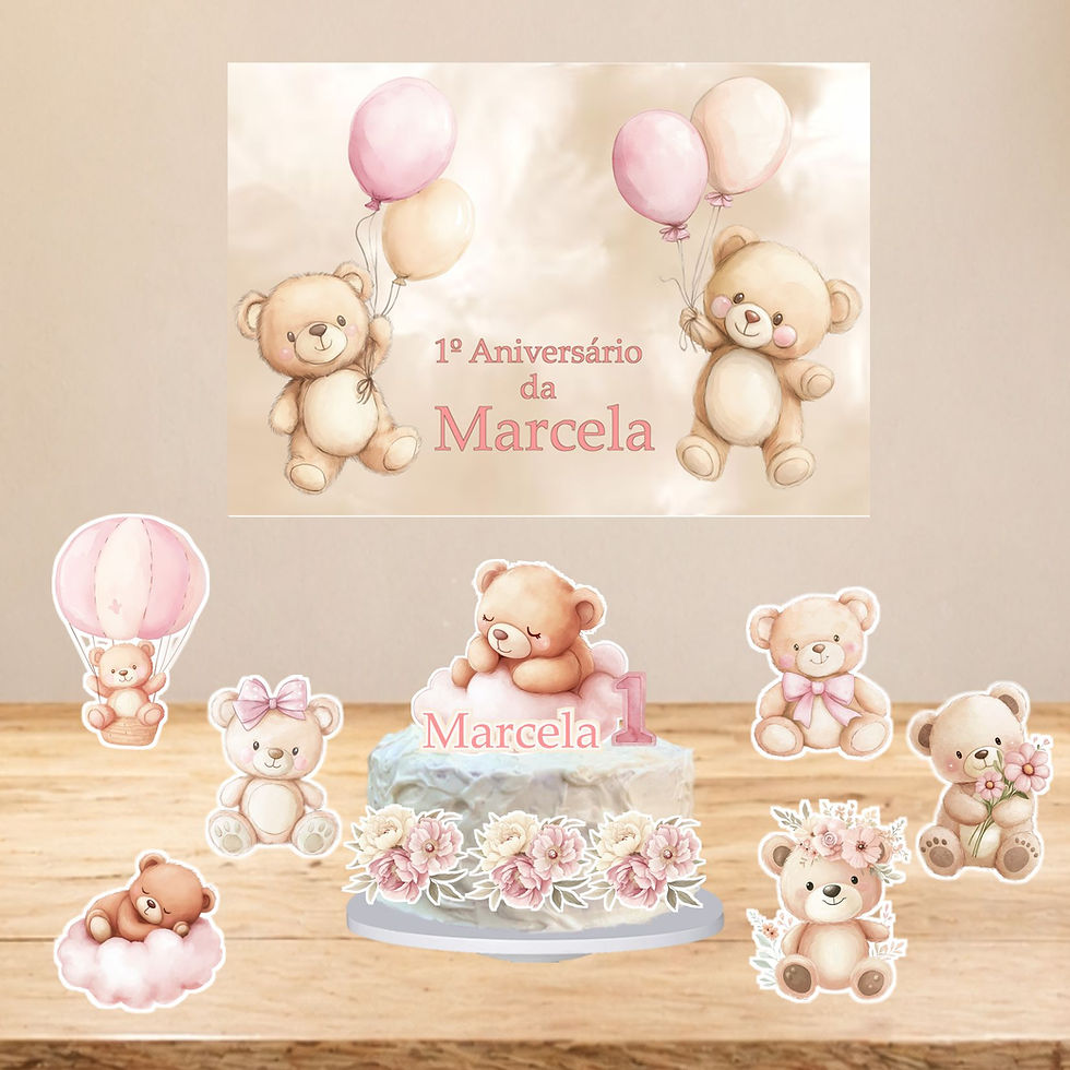 Kit de festa ursinho de pelúcia menina em aguarela rosa com topo de bolo e decoração personalizada