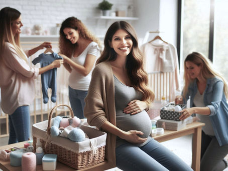 Mulher grávida com amigas organizando itens de bebê em um quarto de bebê aconchegante e iluminado, todos sorrindo e trabalhando juntos