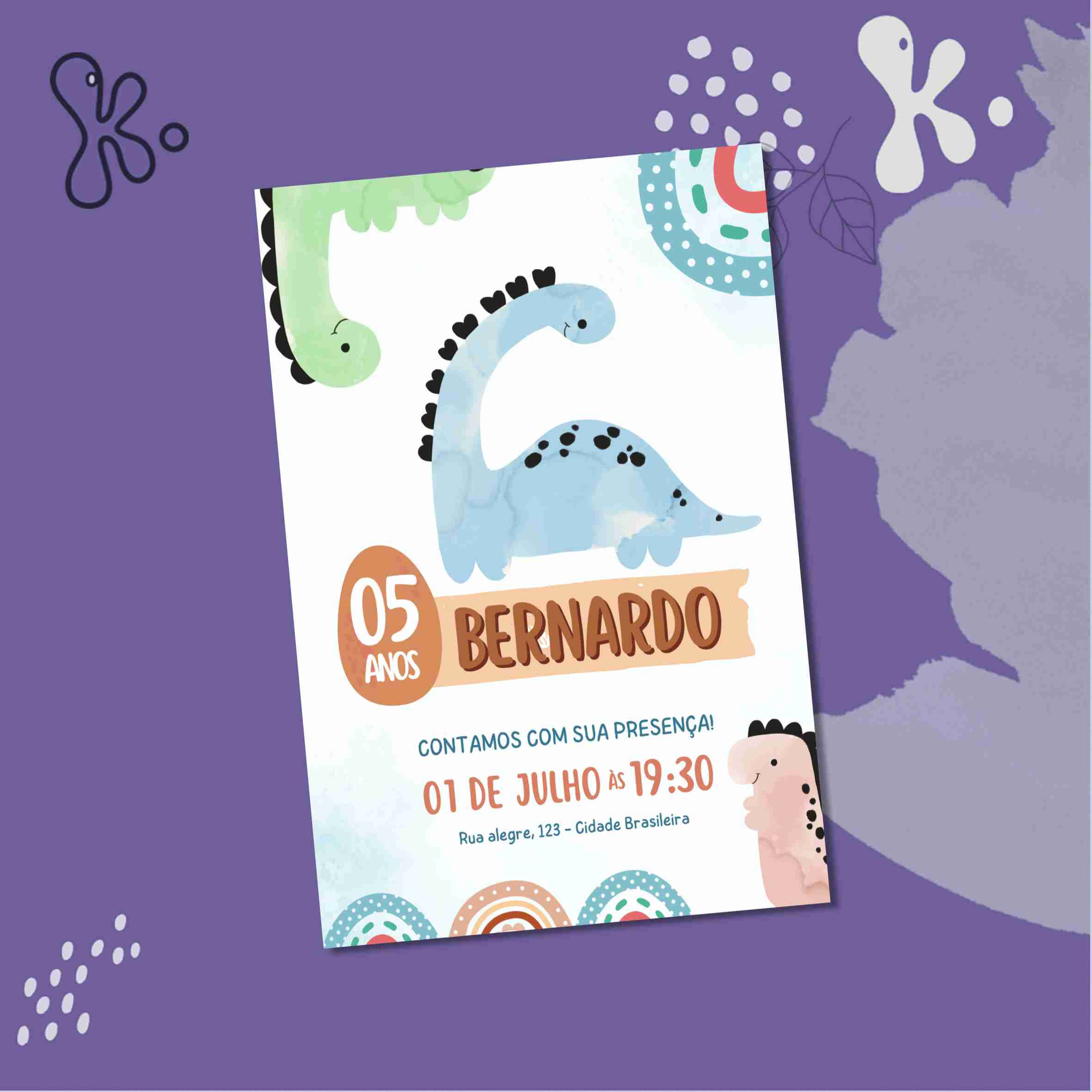 Convite Digital Dinossauros Ilustrado para Festa de Aniversário Infantil