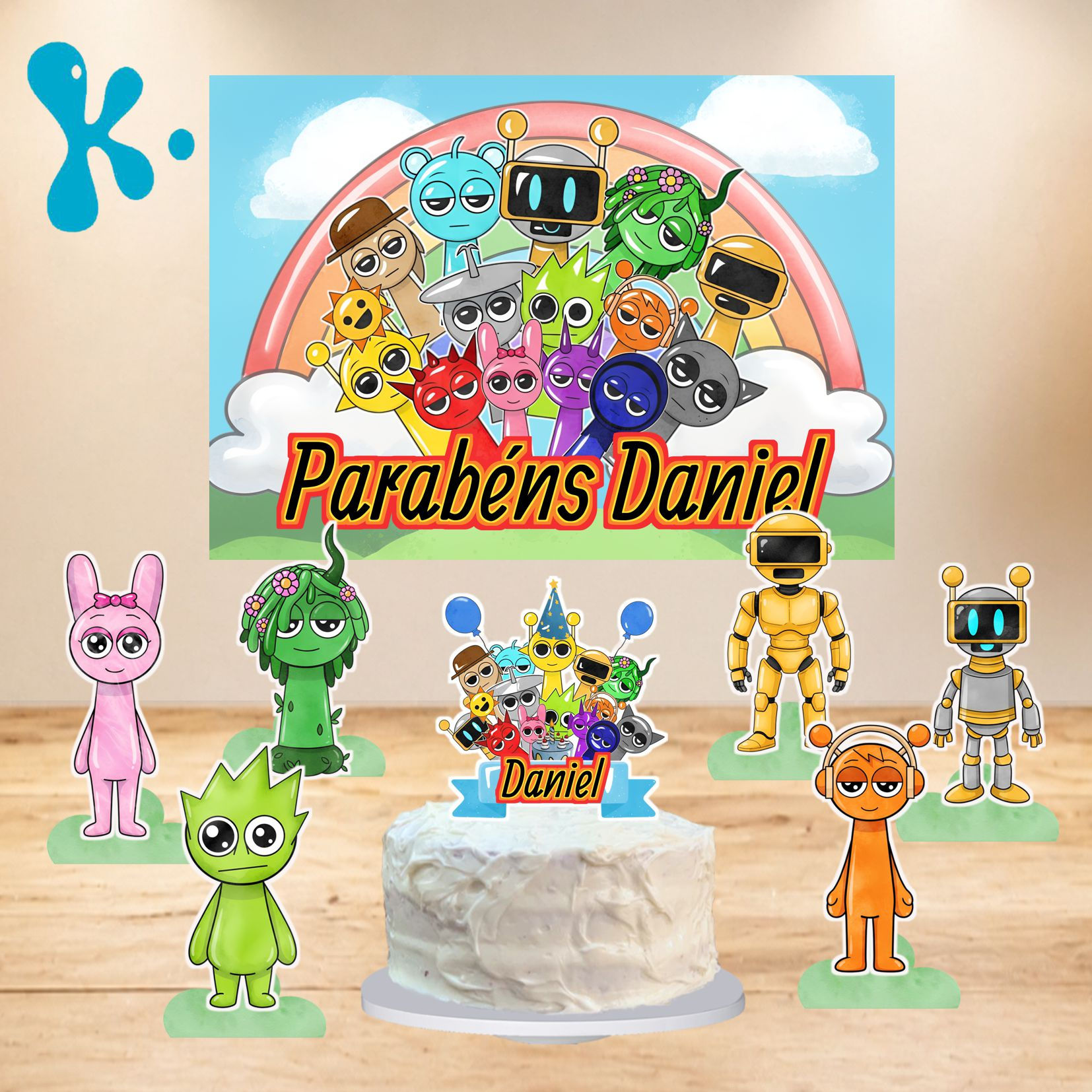 Kit de festa Sprunki personalizado com personagens coloridas, cartaz decorativo e topo de bolo infantil.