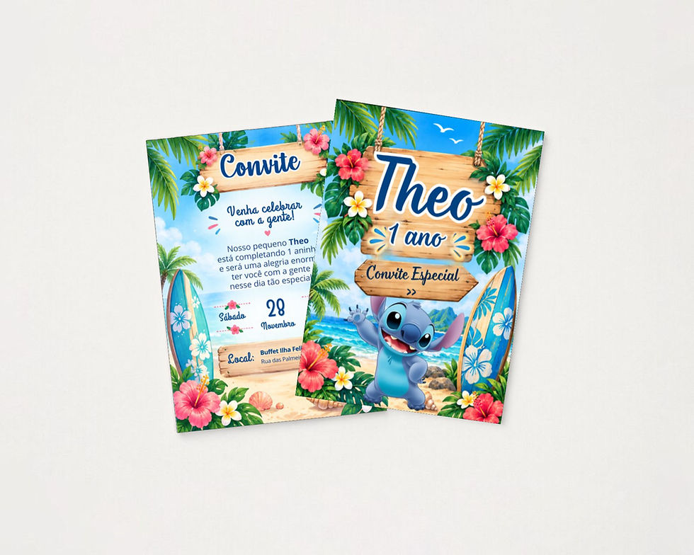 Convite impresso frente e verso Stitch Tropical personalizado, com Stitch numa praia havaiana, flores de hibisco, palmeiras,