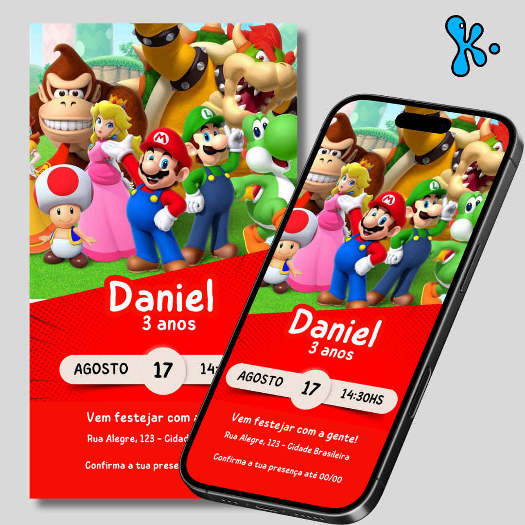 Convite Digital Super Mario – Festa Infantil com Personagens Clássicos