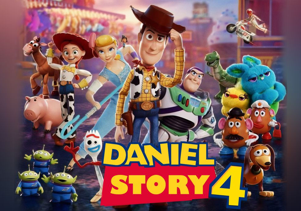 Cartaz infantil Toy Story com personagens do Toy Story 4 em cenário colorido, personalizado com nome e idade da criança