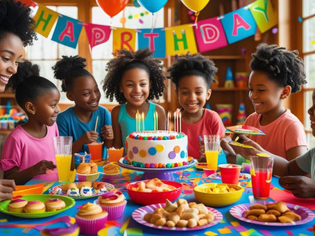 Festa infantil bem organizada com mesa decorada, bolo, balões e crianças a brincar, mostrando dicas para evitar erros comuns ao organizar uma festa.