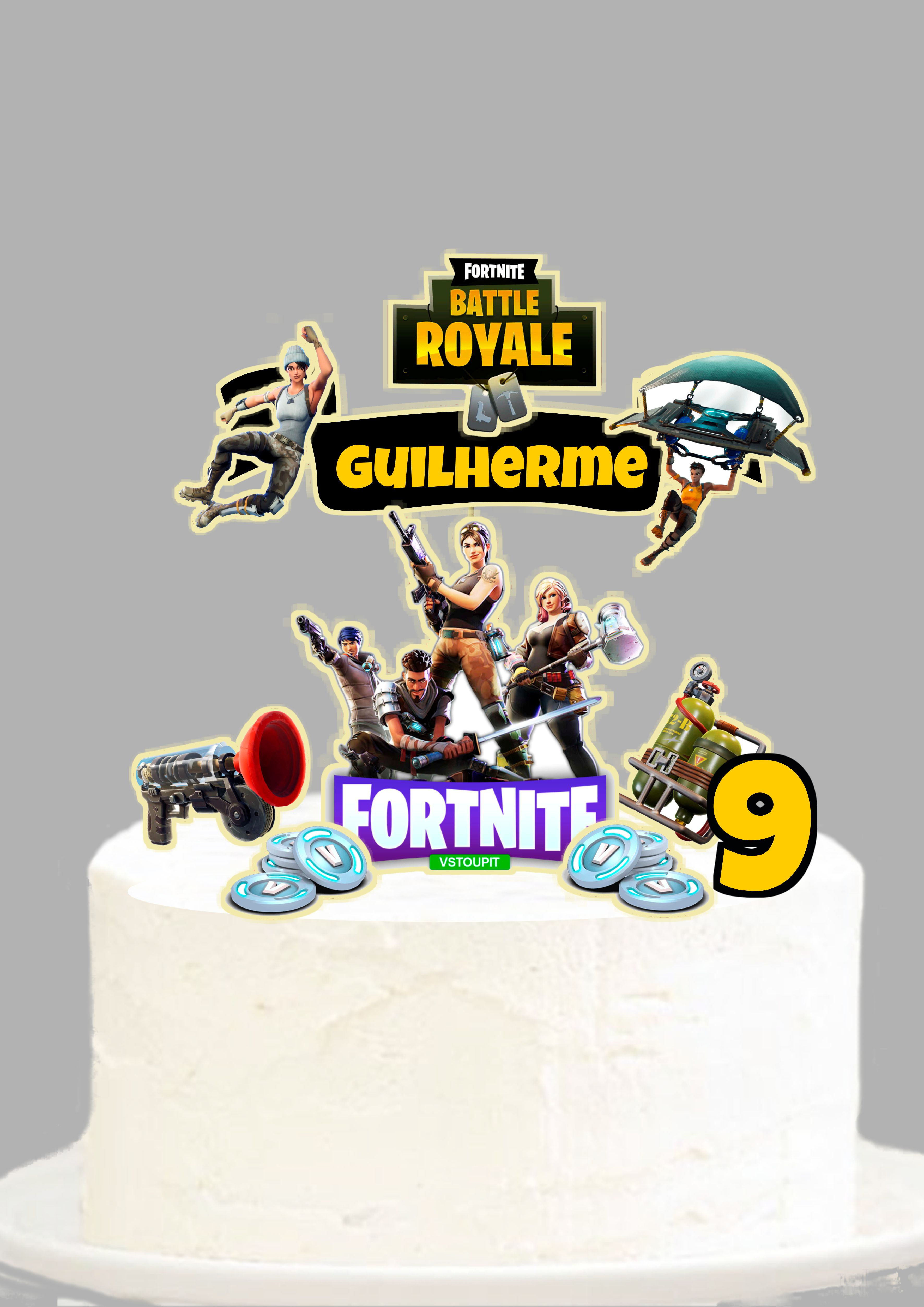 Topo de bolo personalizado Fortnite Battle Royale com personagens, nome e idade do aniversariante.