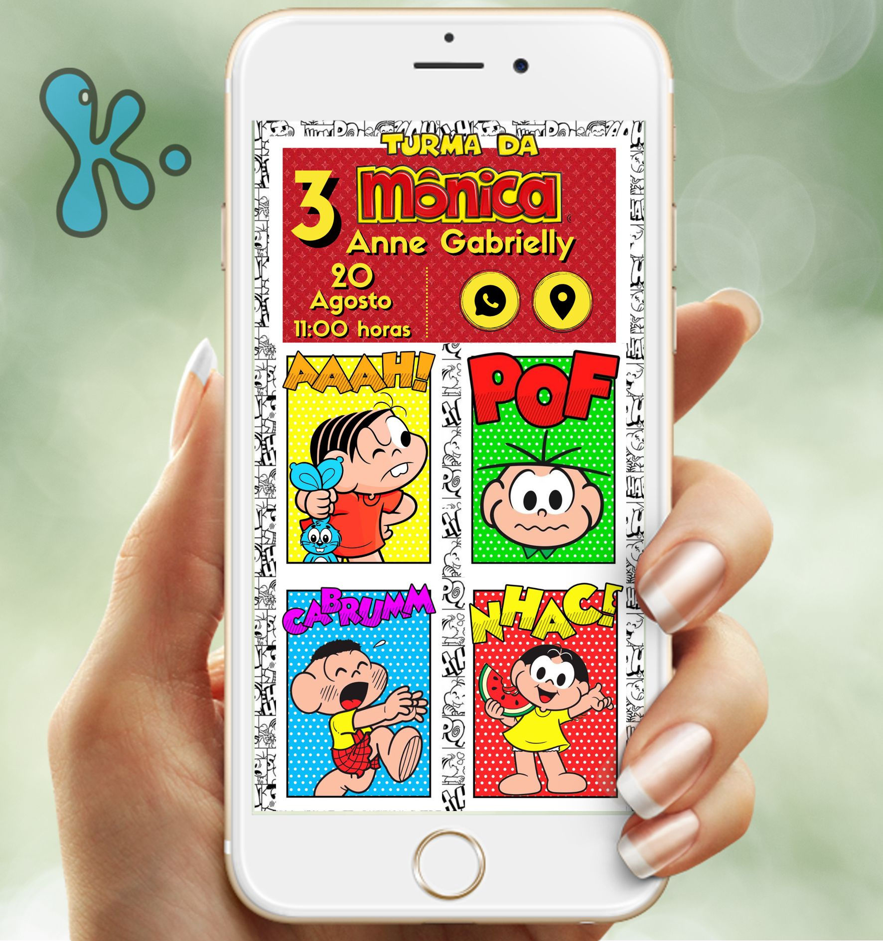 Convite digital Turma da Mônica com personagens em estilo quadrinhos, PDF personalizável