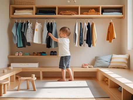 Um quarto infantil iluminado e organizado, com móveis baixos, materiais naturais e uma atmosfera tranquila. Uma criança pequena se veste com confiança, com roupas organizadas de acordo com sua altura.