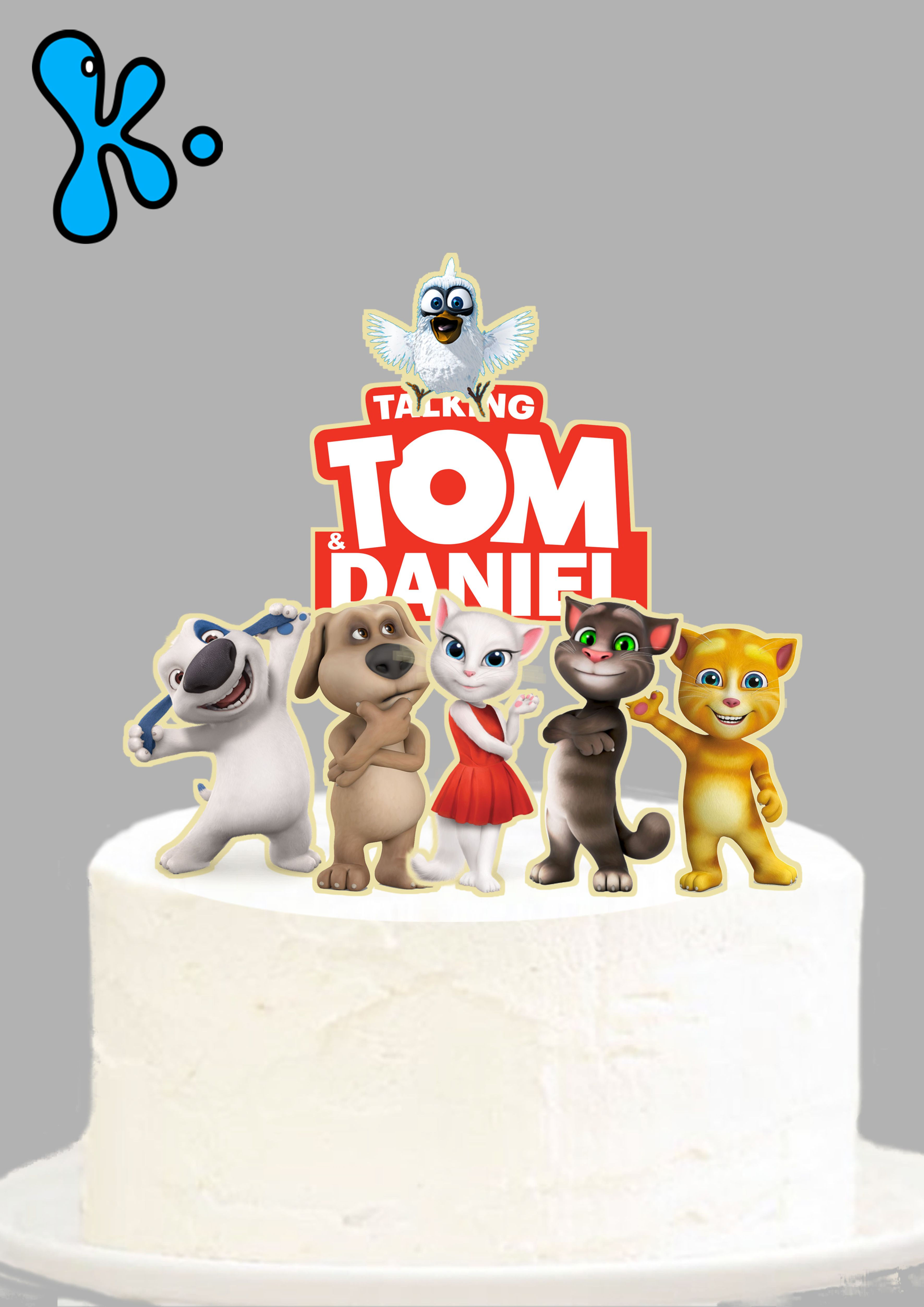 Topo de bolo Talking Tom and Friends com nome Daniel e personagens coloridos