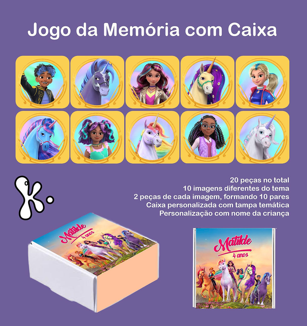 Jogo da memória com caixa Academia Unicórnio personalizado com 20 peças e caixa temática.