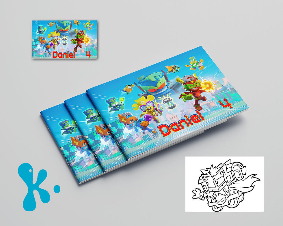 Livro de colorir SuperThings personalizado com nome da criança e personagens coloridos na capa azul.