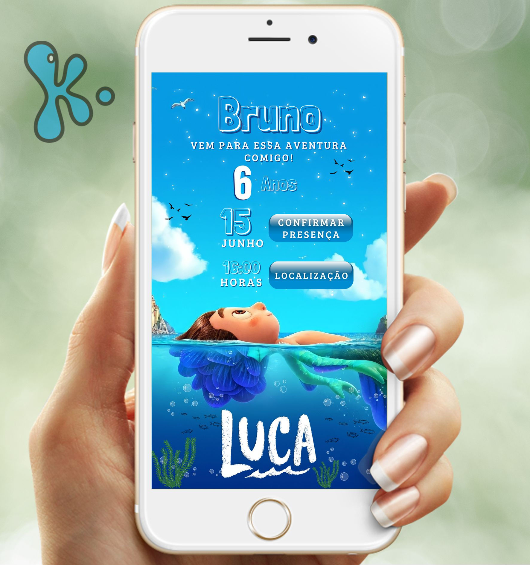 Convite Interativo Luca com personagem flutuando, design azul e links interativos
